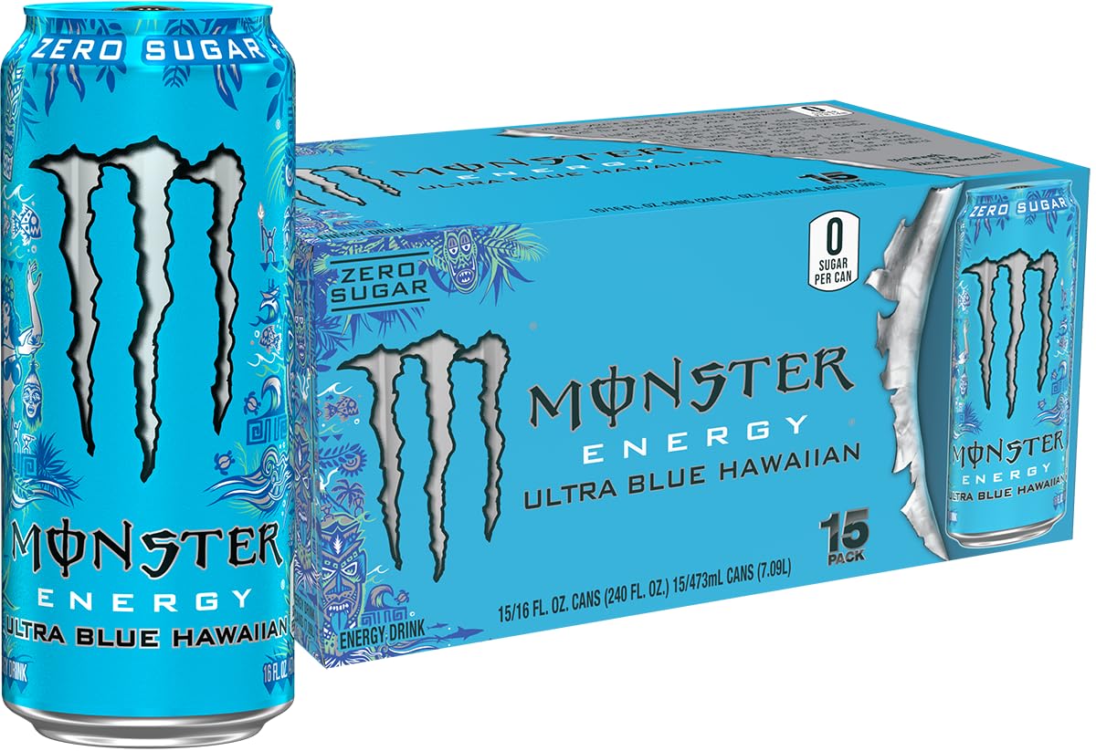 Monster Ultra Blue Hawaiian front can showing bold tropical design and energizing appeal