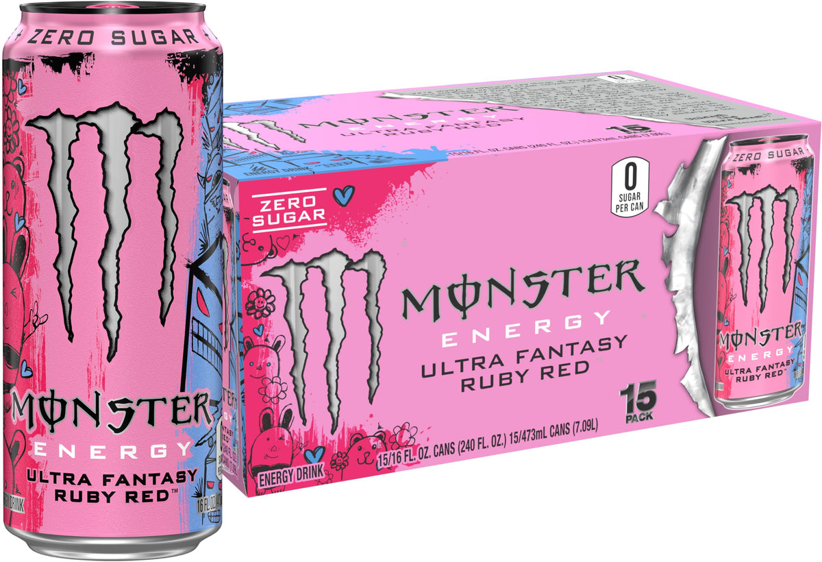 Monster Ultra Fantasy Ruby Red front can showing artwork and flavor