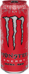 Monster Ultra Red can close-up with condensation, showing brand freshness benefit