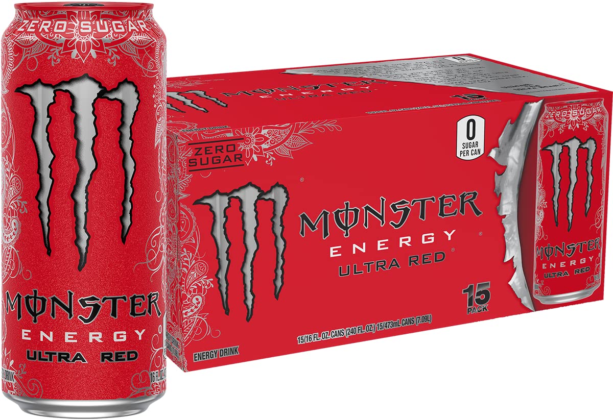 Monster Ultra Red front can showing label and serving size, highlighting bold flavor