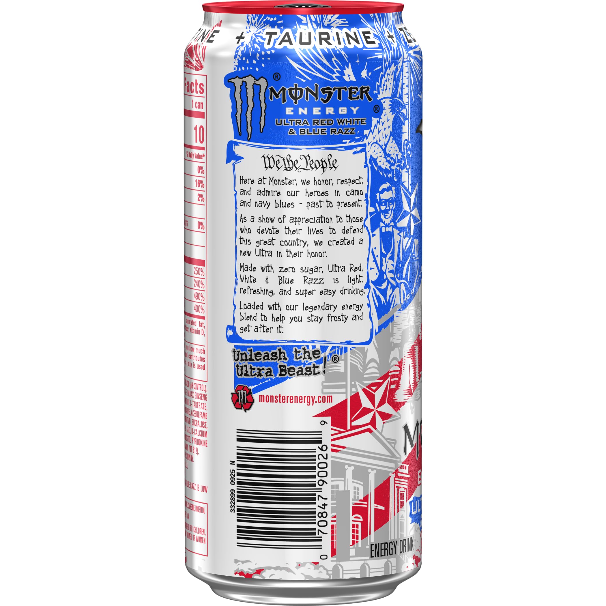 Hand holding Monster Ultra Red White & Blue Razz 16oz can showing size and portability