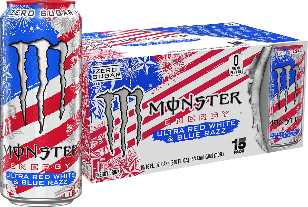 Monster Ultra Red White & Blue Razz front can showing patriotic design and zero sugar benefit