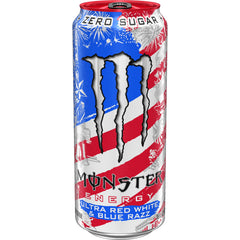 Monster Ultra Red White & Blue Razz close-up of can texture highlighting crisp cooling look