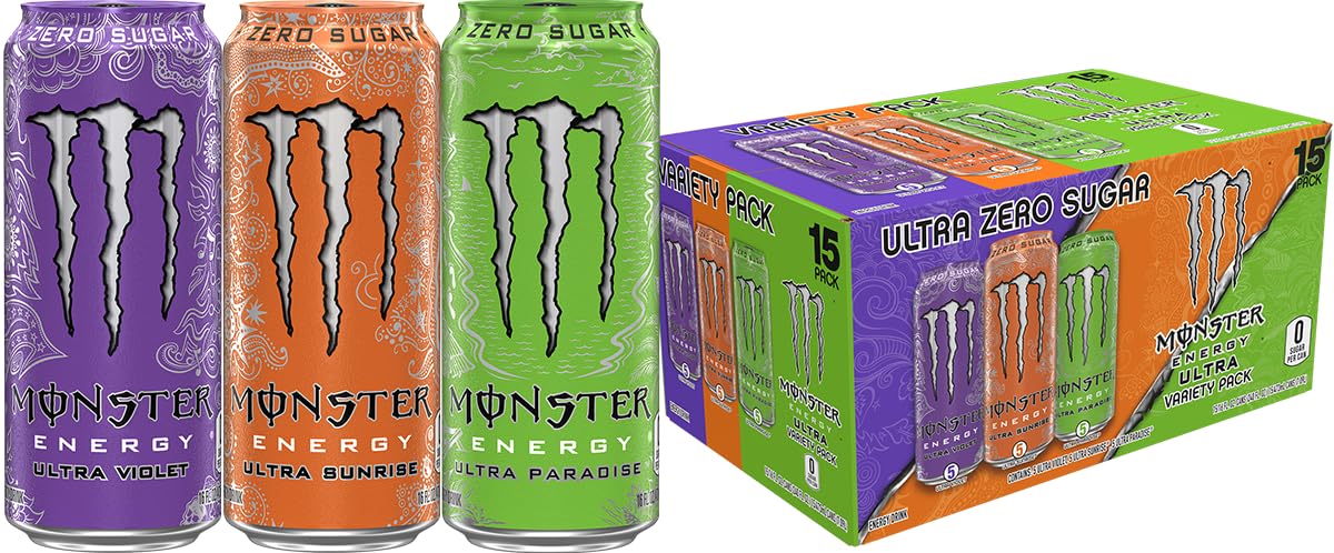 Monster Ultra front packaging showing all three flavors and variety benefits