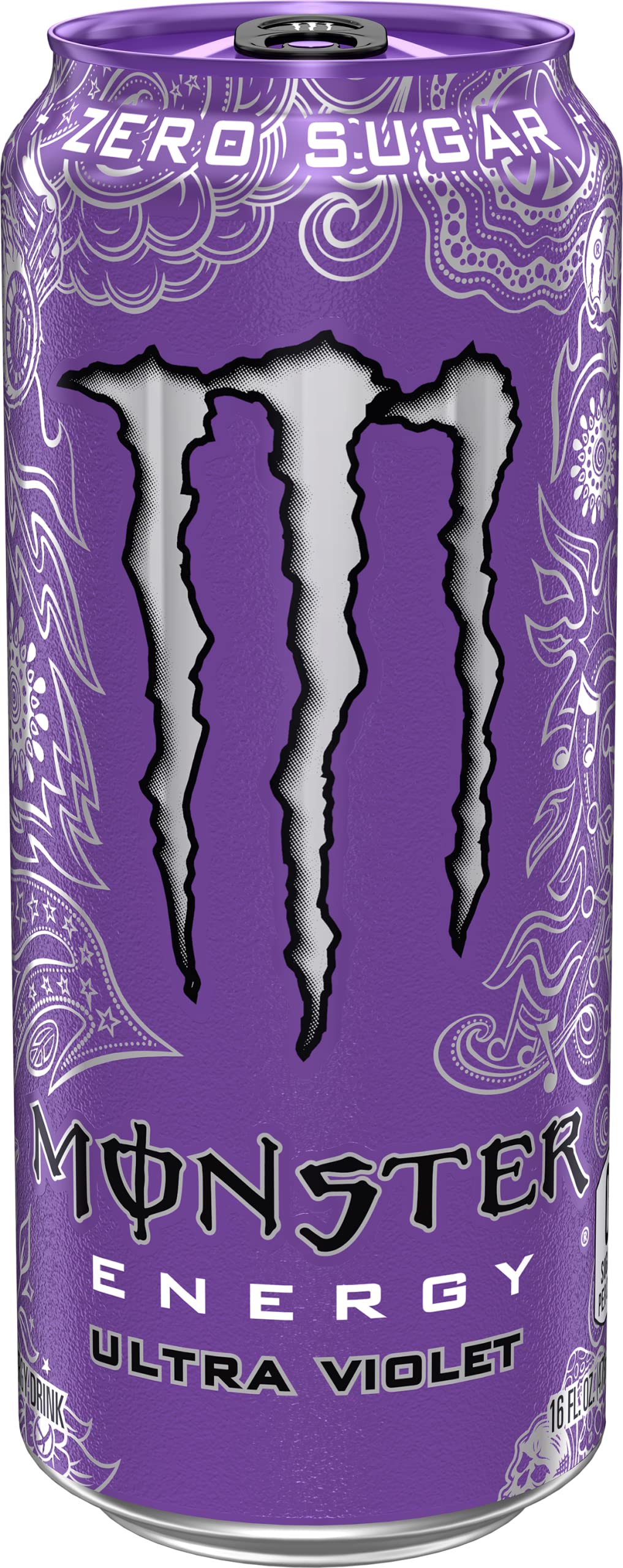 Monster Ultra Violet close-up of can texture highlighting label details and freshness