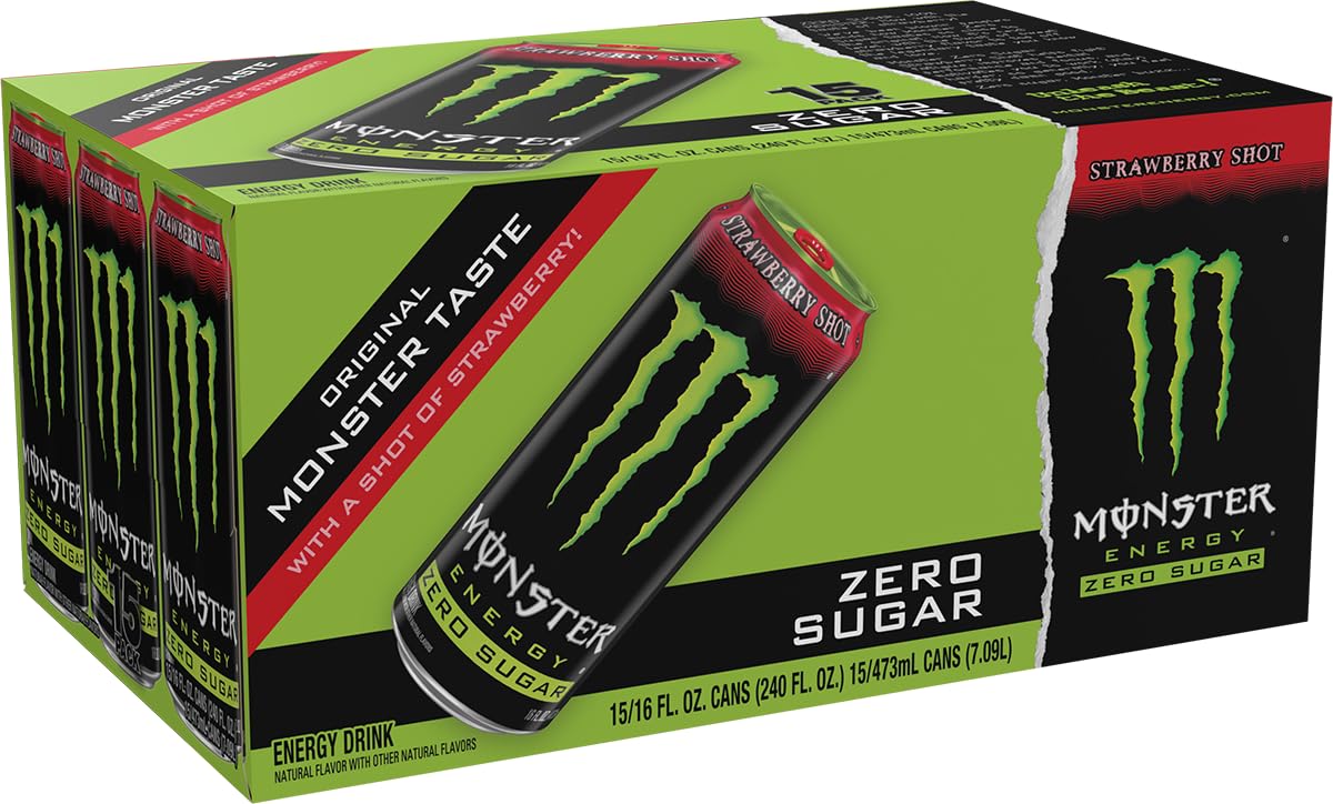 Monster Zero Sugar Strawberry Shot close-up label highlighting strawberry flavor and zero sugar benefit