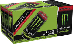 Monster Zero Sugar Strawberry Shot close-up label highlighting strawberry flavor and zero sugar benefit