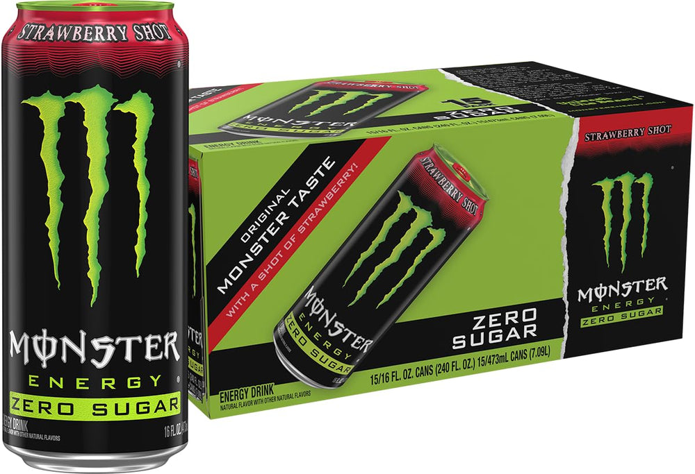 Monster Zero Sugar Strawberry Shot front can showing branding and green can, energizing boost