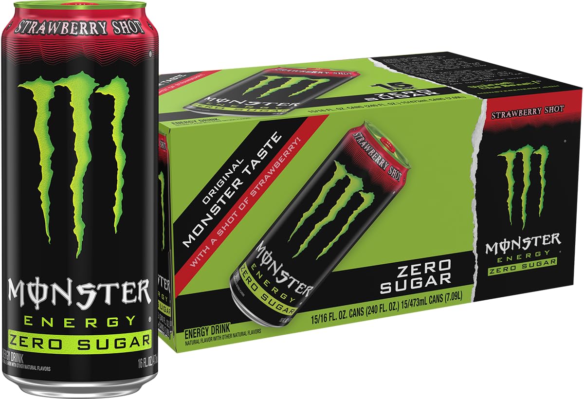 Monster Zero Sugar Strawberry Shot front can showing branding and green can, energizing boost