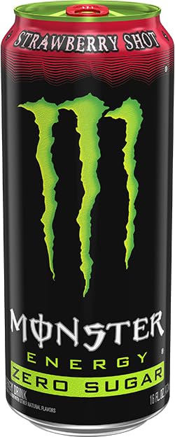 Monster Zero Sugar Strawberry Shot held in hand to show 16 oz scale, convenient on-the-go energy