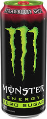 Monster Zero Sugar Strawberry Shot held in hand to show 16 oz scale, convenient on-the-go energy