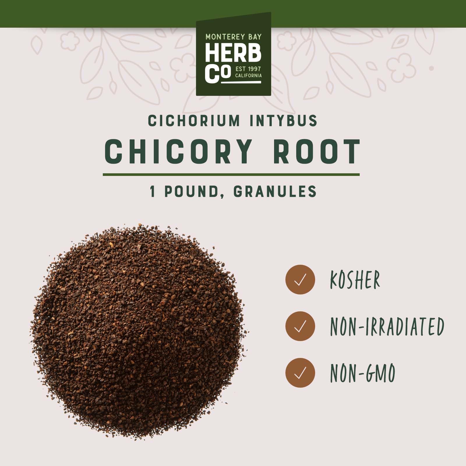 MONTEREY BAY HERB CO brewed cup displaying dark roast-like color and steam for caffeine-free sip