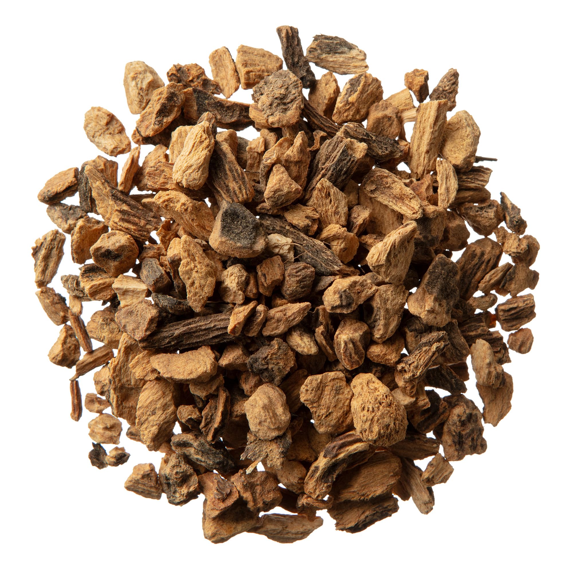 MONTEREY BAY HERB CO close-up of cut gentian root texture, highlights grind suitability for tinctures