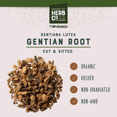 MONTEREY BAY HERB CO brewed gentian tea in cup, demonstrates bitter infusion use