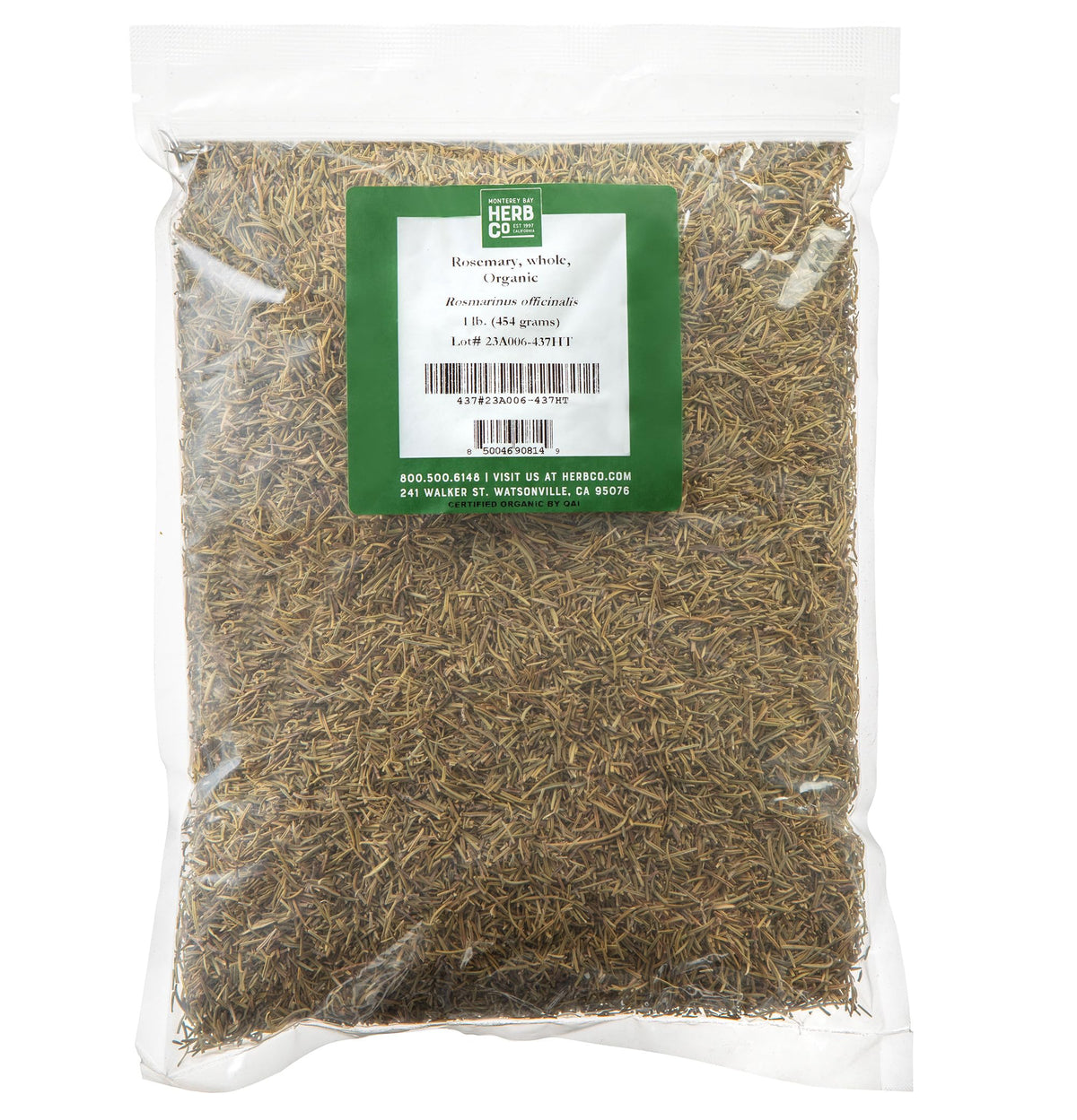 MONTEREY BAY HERB CO front packaging showing 1 lb organic rosemary, clear storage benefit