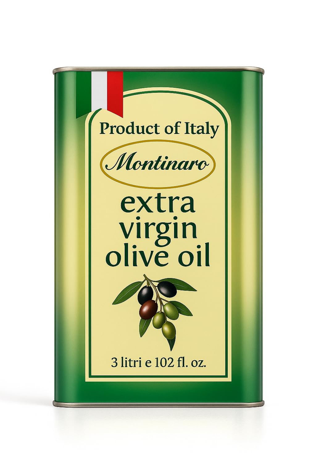 MONTINARO front of 3 liter tin showing brand and Coratina label, ensures fresh storage