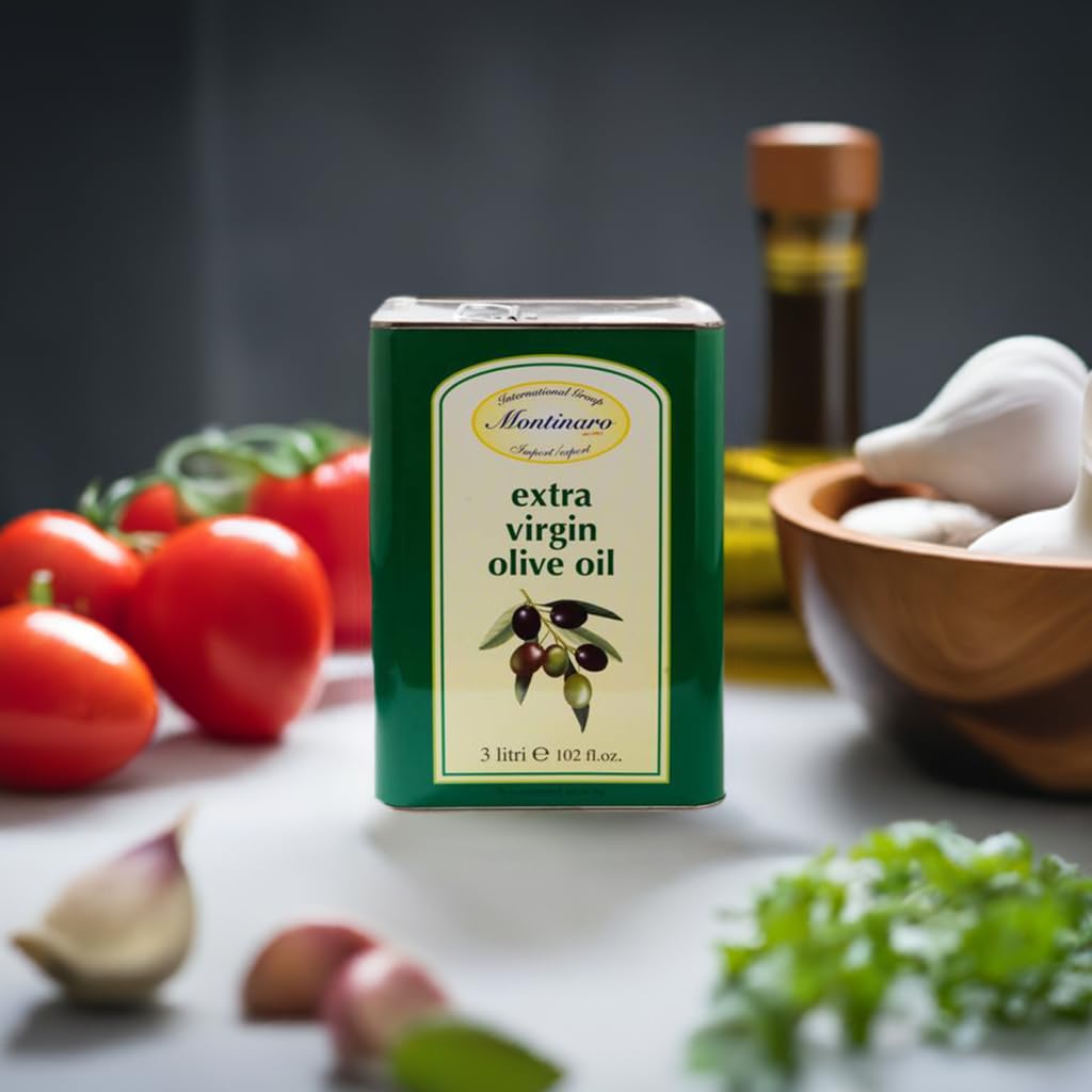 MONTINARO tin size scale next to kitchen bottle, demonstrates bulk value and convenience
