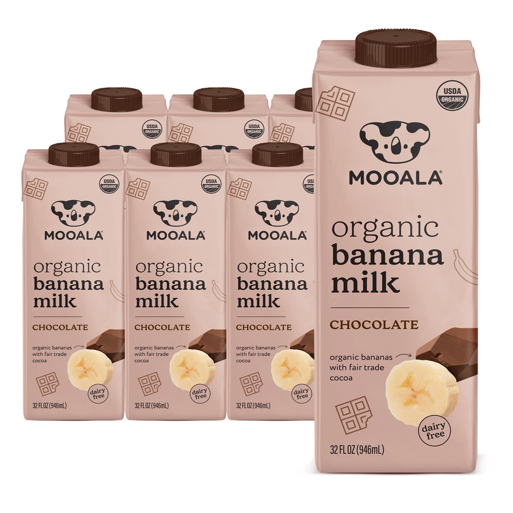 Mooala front packaging showing organic chocolate bananamilk and benefits