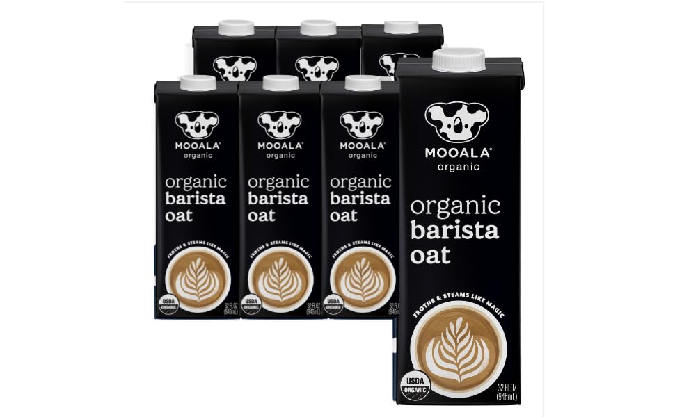 Mooala front packaging 32oz showing organic barista oatmilk benefits