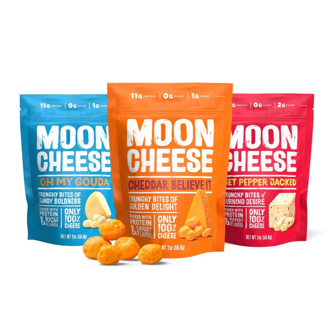 Moon Cheese front pack displaying crunchy bites and clear flavor labels for portable protein