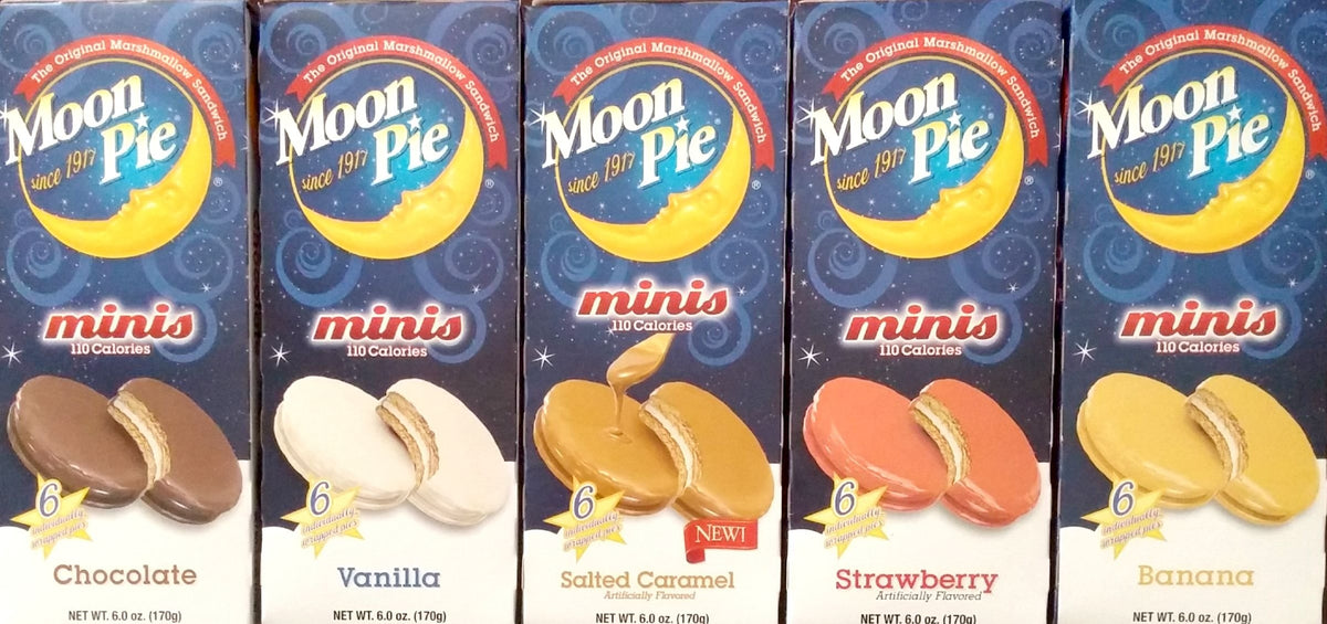 Moon Pie front packaging showing five boxes and convenient variety for sharing