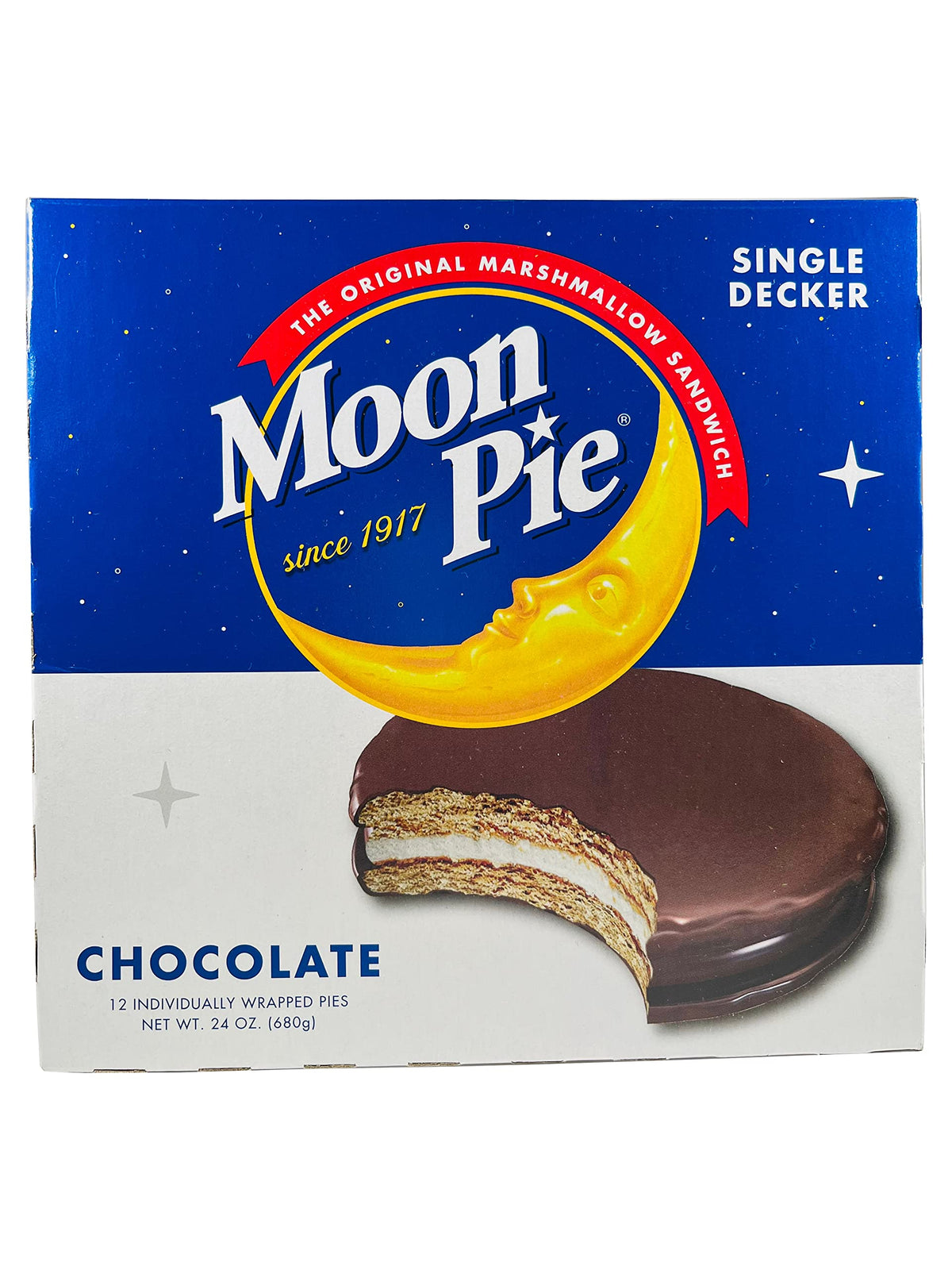 Moon Pie front packaging showing 12-pack and convenient individual wraps for sharing