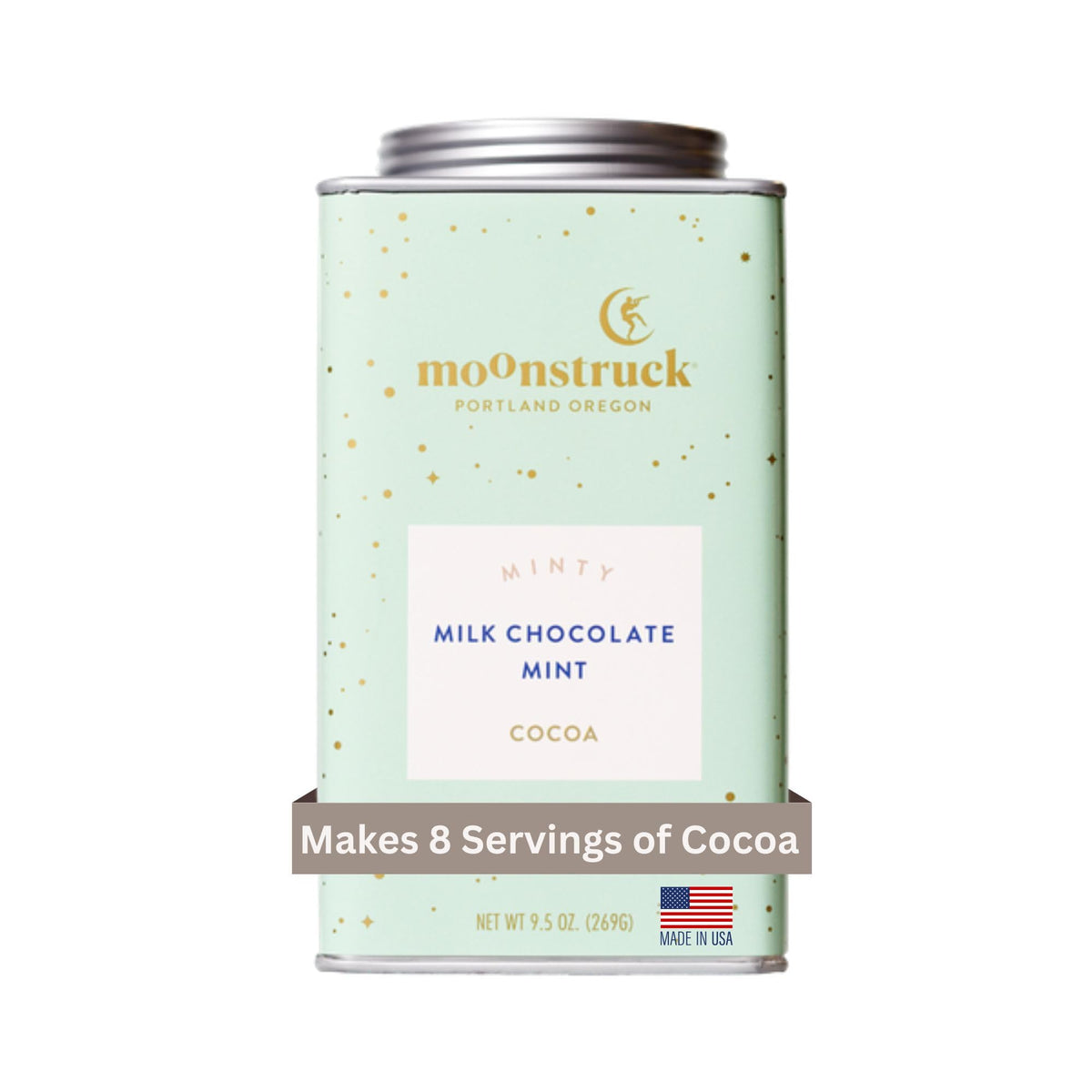 Moonstruck front tin showing branding and mint chocolate cocoa, clear gifting appeal