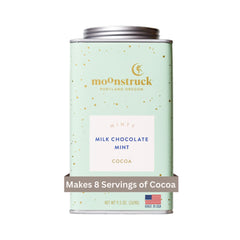 Moonstruck front tin showing branding and mint chocolate cocoa, clear gifting appeal