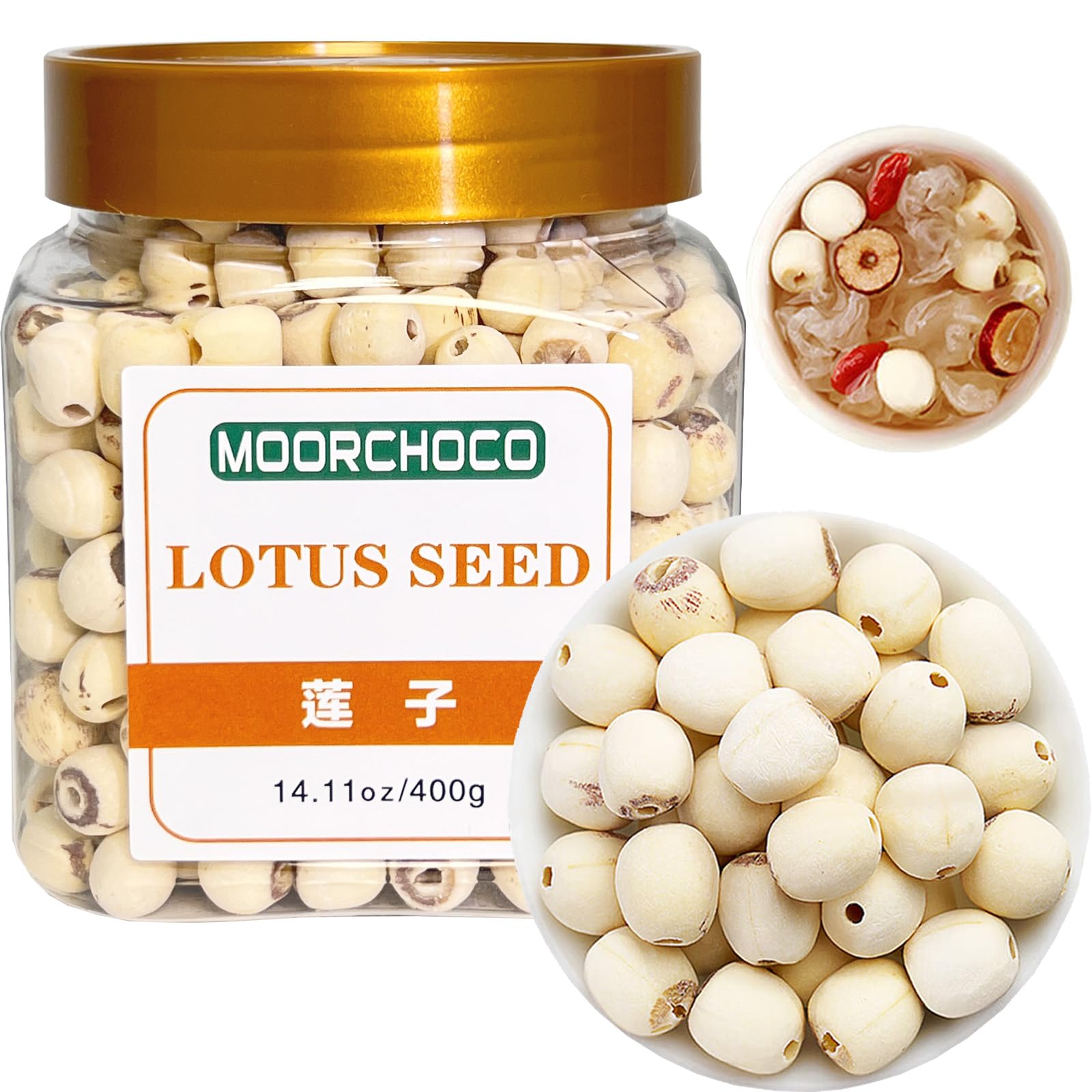 MOORCHOCO front packaging 400g lotus seeds, clear product information benefit