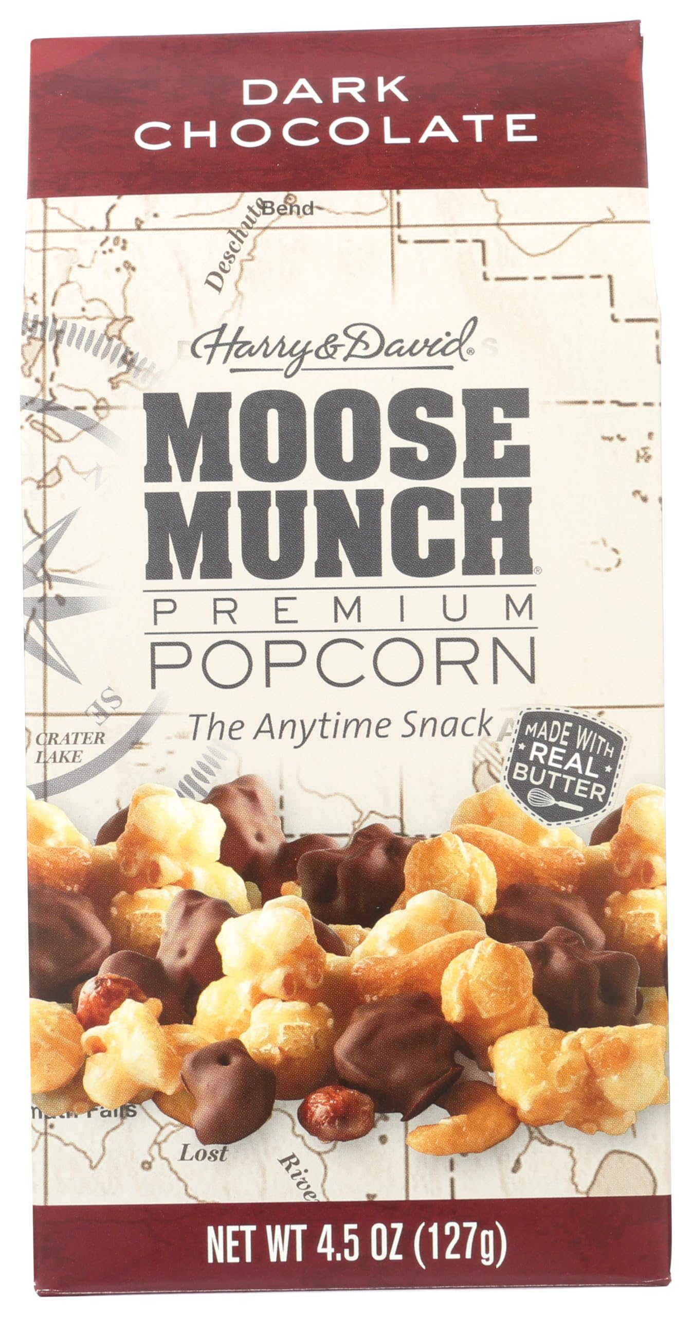 Moose Munch front packaging showing 4.5 oz box and dark chocolate snack benefit
