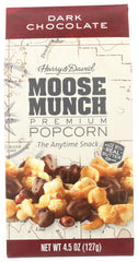 Moose Munch front packaging showing 4.5 oz box and dark chocolate snack benefit