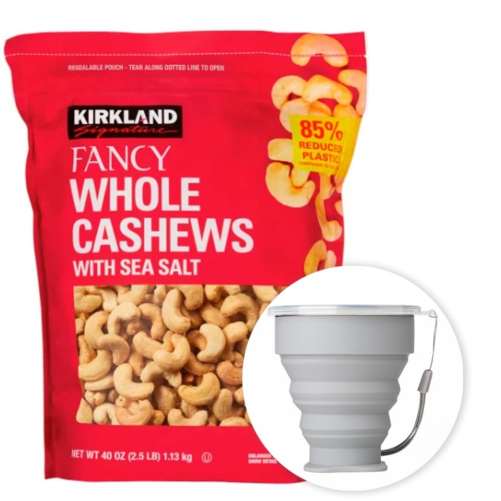 MORALZA front bag of Kirkland cashews showing size and branding, convenient large supply