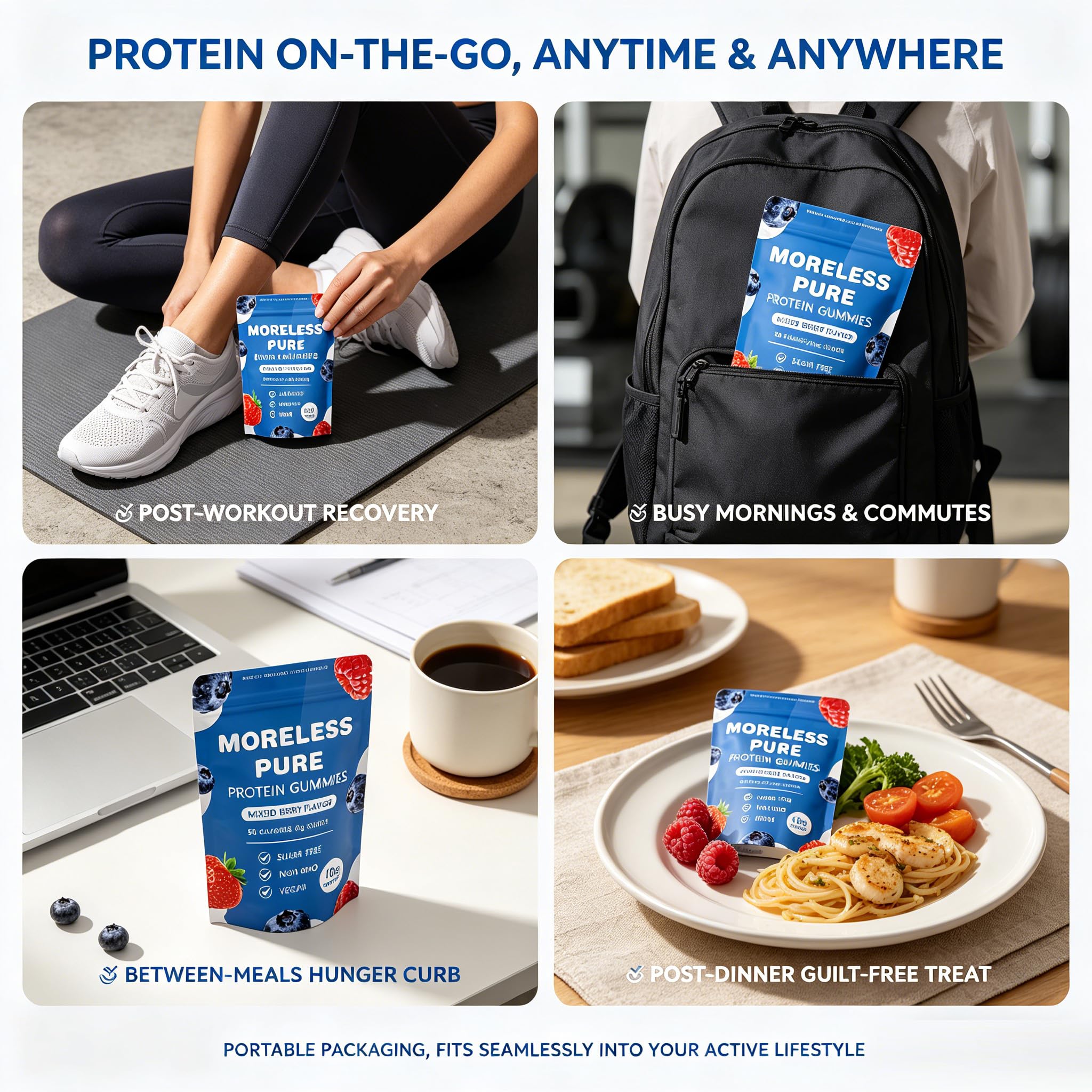 MORELESS chews inside a gym bag showing workout-ready convenience