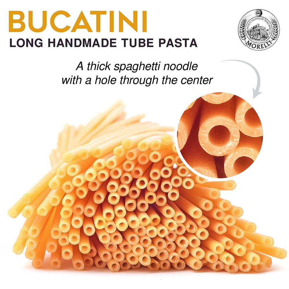 MORELLI close-up of bucatini tube cross-section highlighting sauce retention