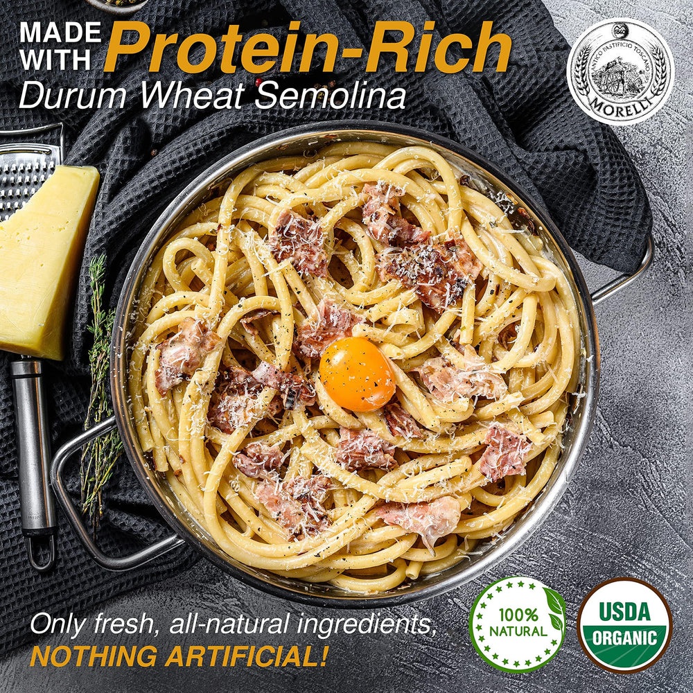 MORELLI cooked bucatini all’Amatriciana plated for rich flavor