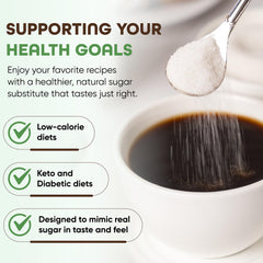 Morning Pep spoon dissolving sweetener into coffee for balanced taste benefit
