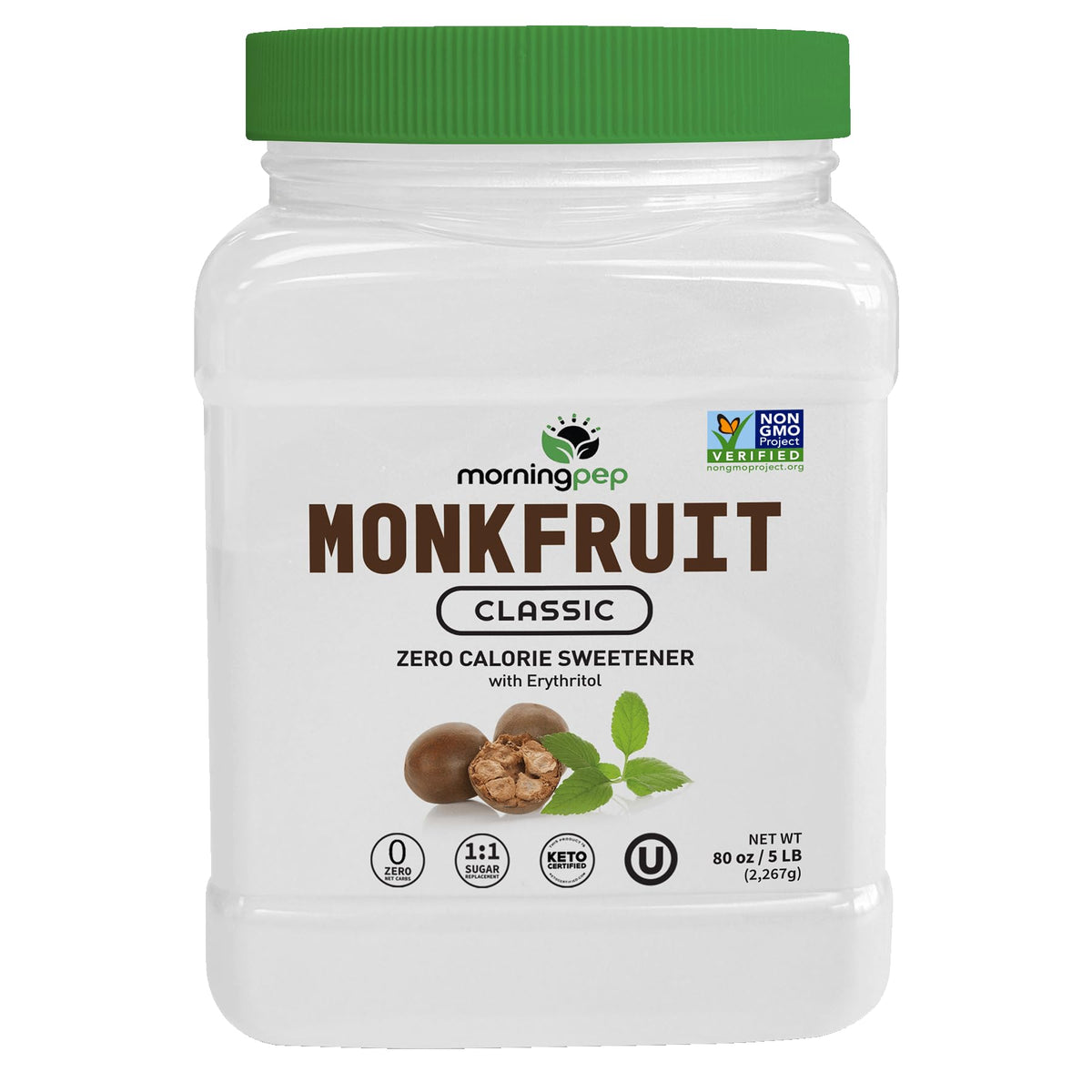 Morning Pep front packaging showing 5 lb bag and benefits