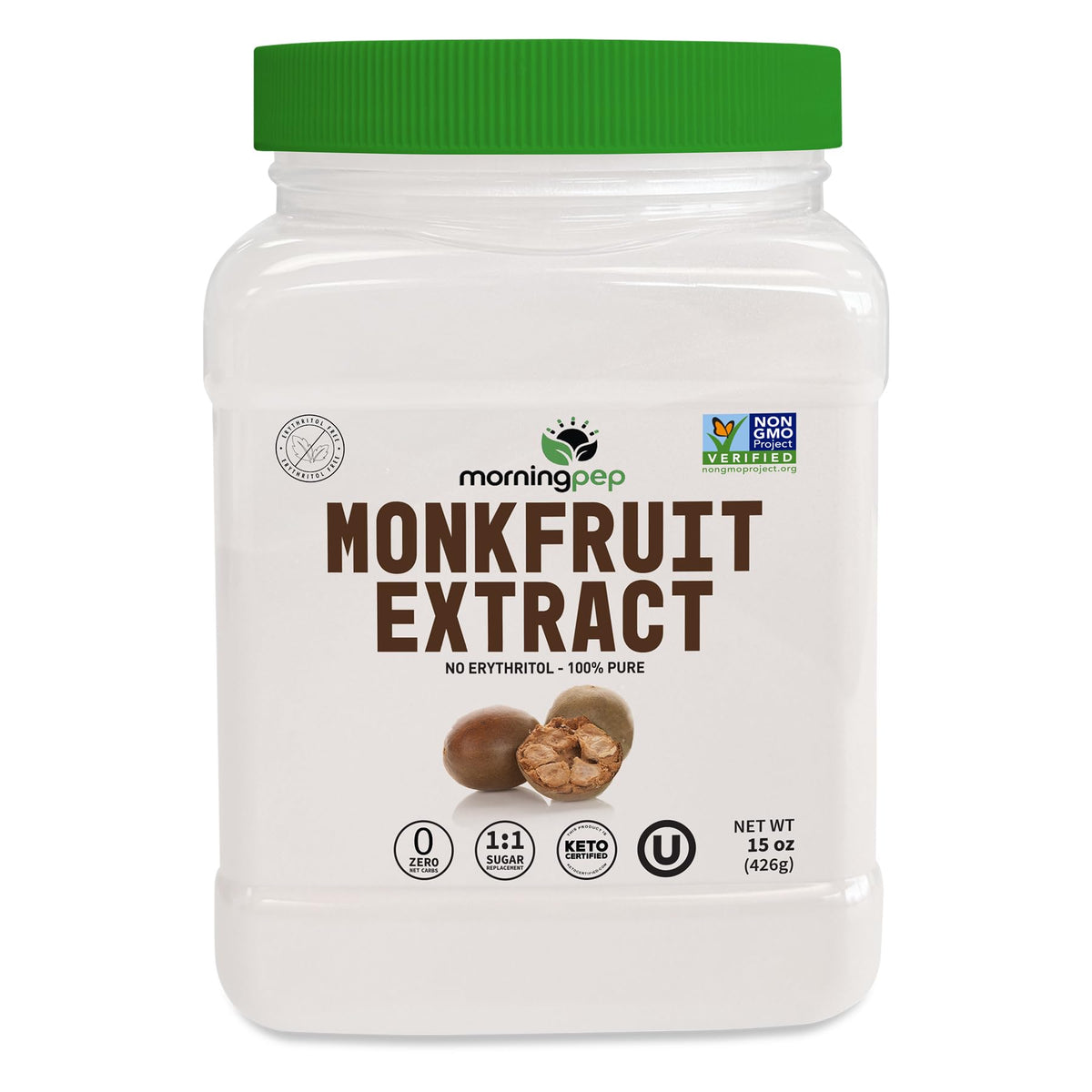 Morning Pep front packaging showing 15 oz jar and branding, highlights long-lasting servings