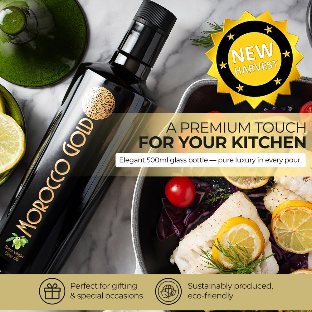 Morocco Gold bottle next to a measuring cup to show 500ml scale and portioning benefit