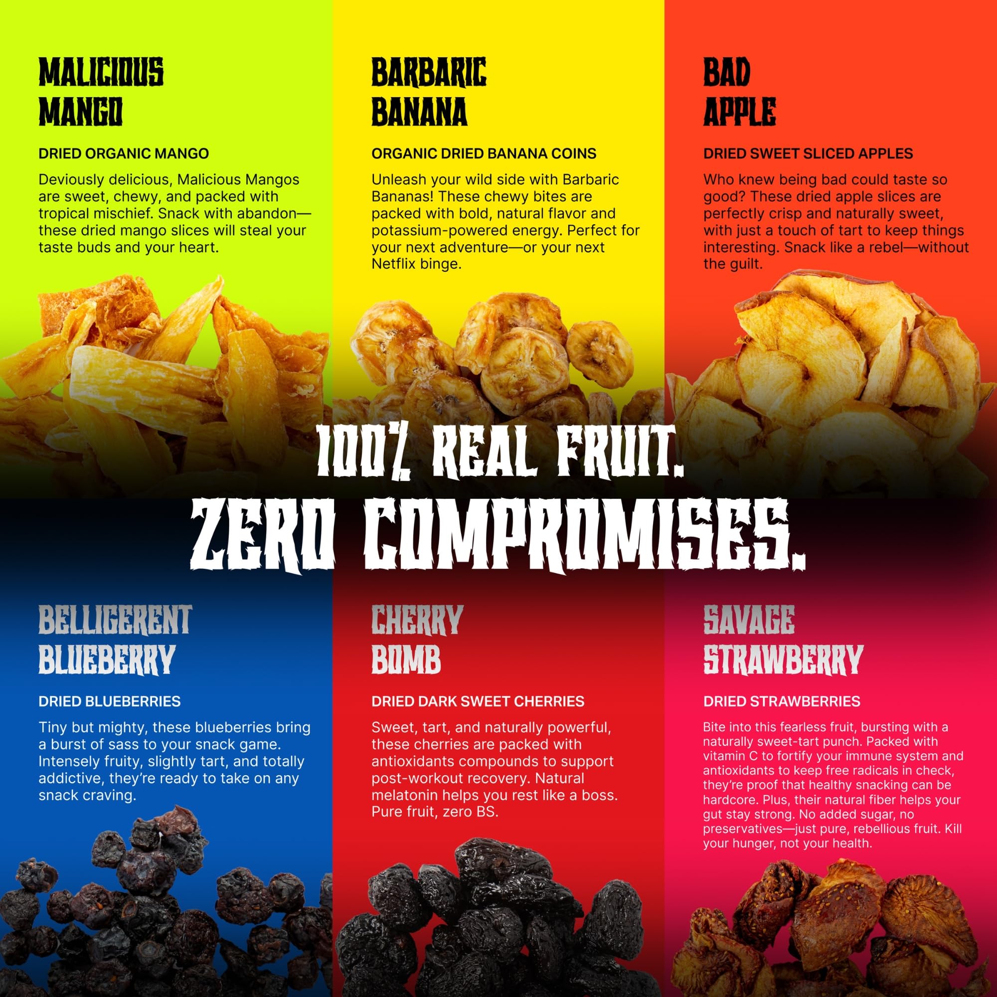 Mortal Munchies pouch array displays each fruit pouch for easy selection