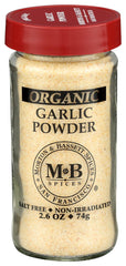 Morton & Bassett front packaging showing organic garlic powder, clear label benefit