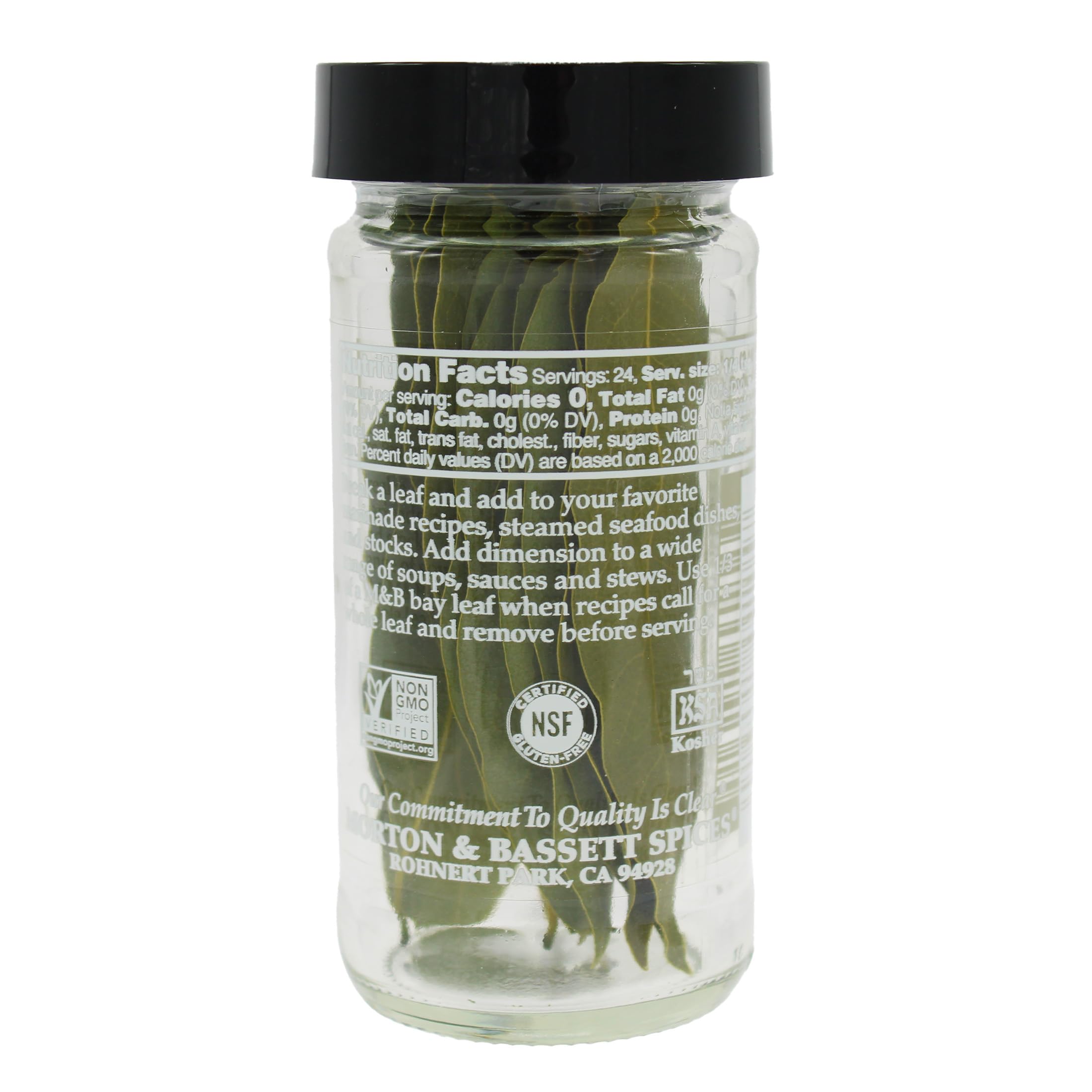 Morton & Bassett opened jar with whole bay leaves visible, benefit: easy access for cooking