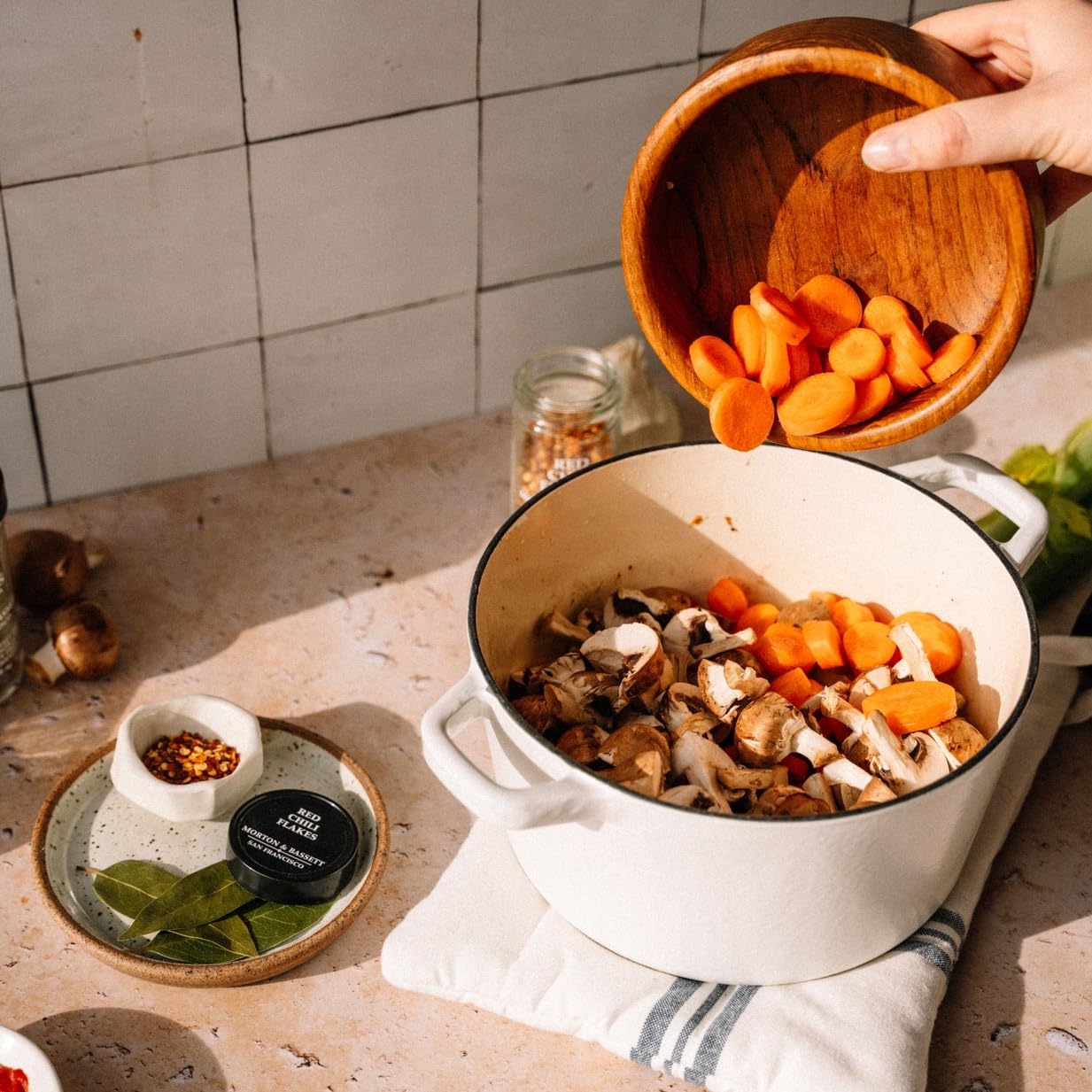 Morton & Bassett jar on kitchen counter with recipe ingredients, benefit: pantry-ready staple