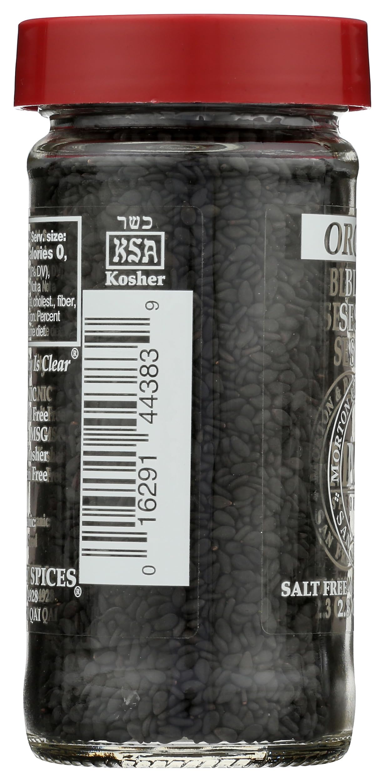 Close label detail on Morton & Bassett jar showing organic and non-GMO benefits
