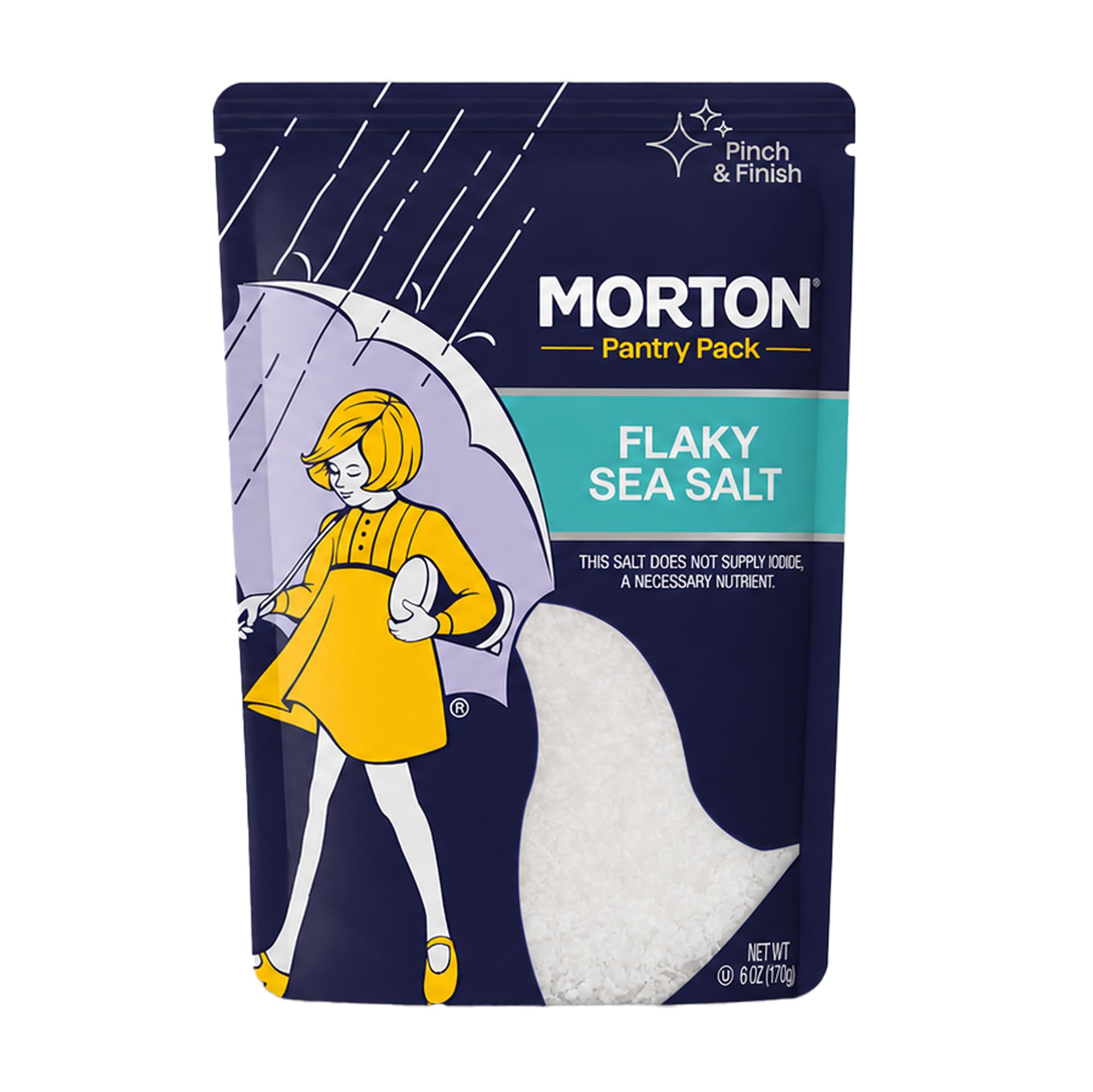 Morton flaky sea salt front pouch showing resealable convenience and pantry-ready design