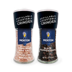 Morton front view of two-pack grinders showing label and ergonomic bottles benefits precise seasoning