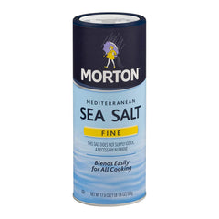 Morton Mediterranean sea salt front packaging showing shaker and easy pouring
