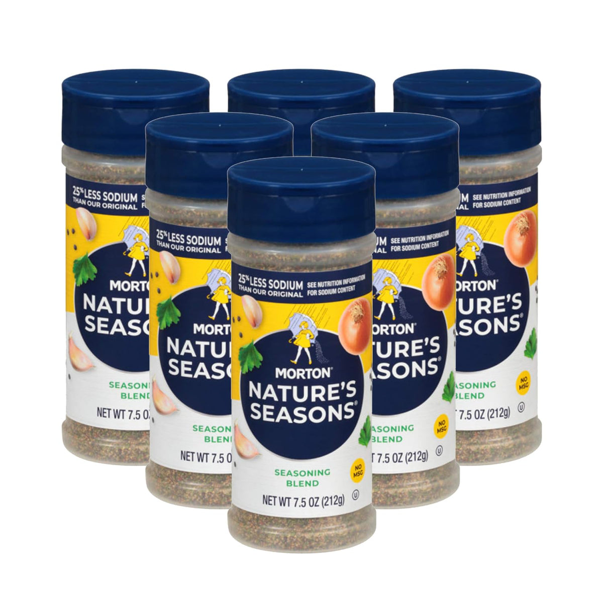 Morton Nature's Seasons front packaging showing shaker and clear label to enhance flavor