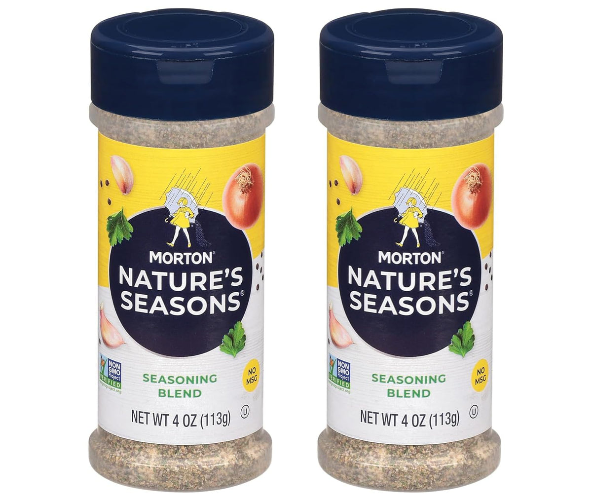 Morton Nature's Seasons front packaging showing two 4oz shakers and label clarity benefit