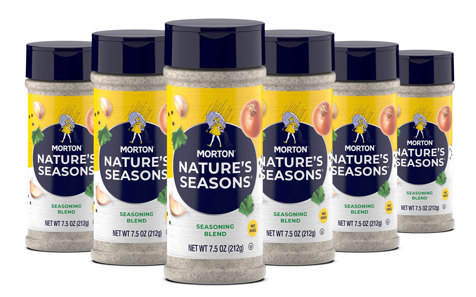 Morton Nature's Seasons front shaker displayed, enhances fresh flavors